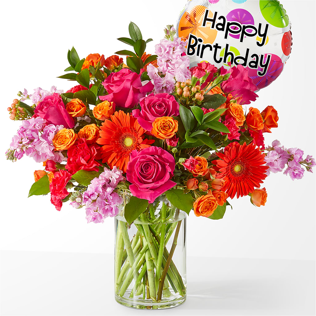 Fiesta Bouquet with Birthday Balloon – Garside Florist, Vancouver WA