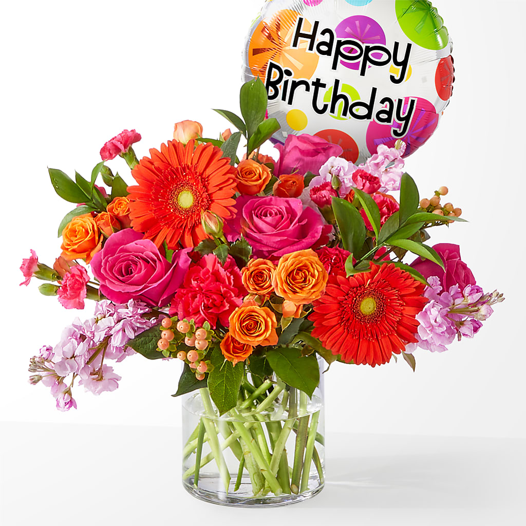 Fiesta Bouquet with Birthday Balloon – Garside Florist, Vancouver WA