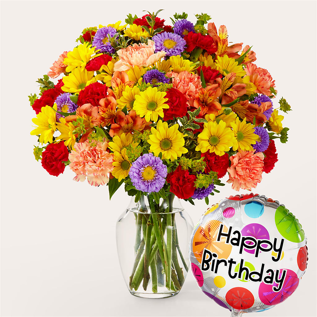 Kaleidoscope Bouquet with Birthday Balloon – Garside Florist, Vancouver WA