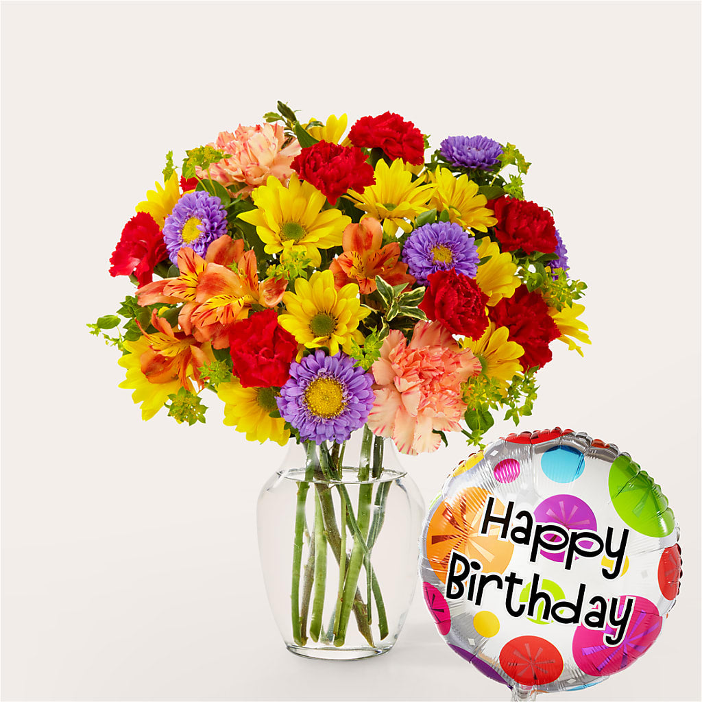Kaleidoscope Bouquet with Birthday Balloon – Garside Florist, Vancouver WA