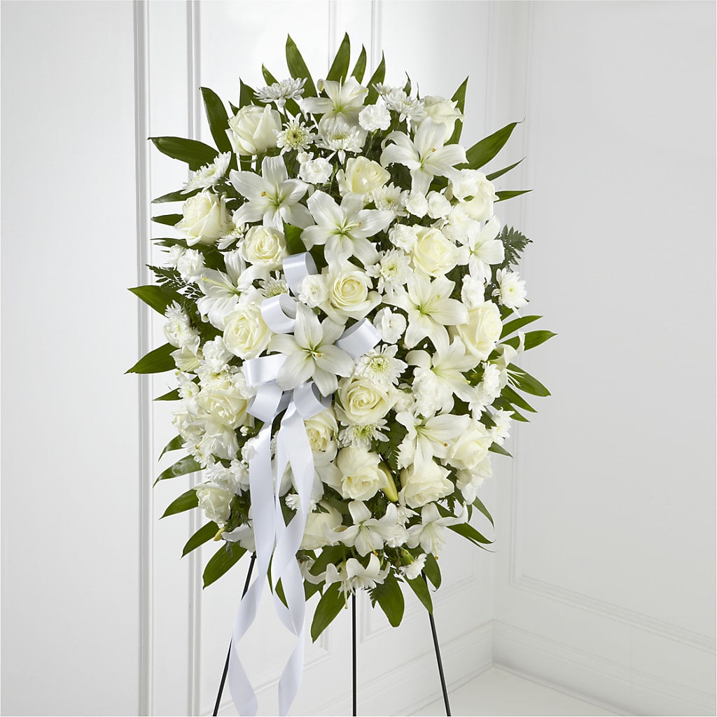 Exquisite Tribute Standing Spray-White Ribbon – Garside Florist, Vancouver WA