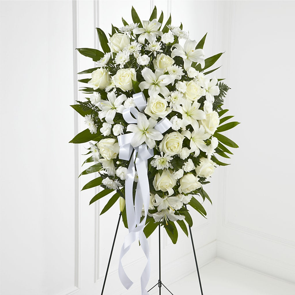 Exquisite Tribute Standing Spray-White Ribbon – Garside Florist, Vancouver WA